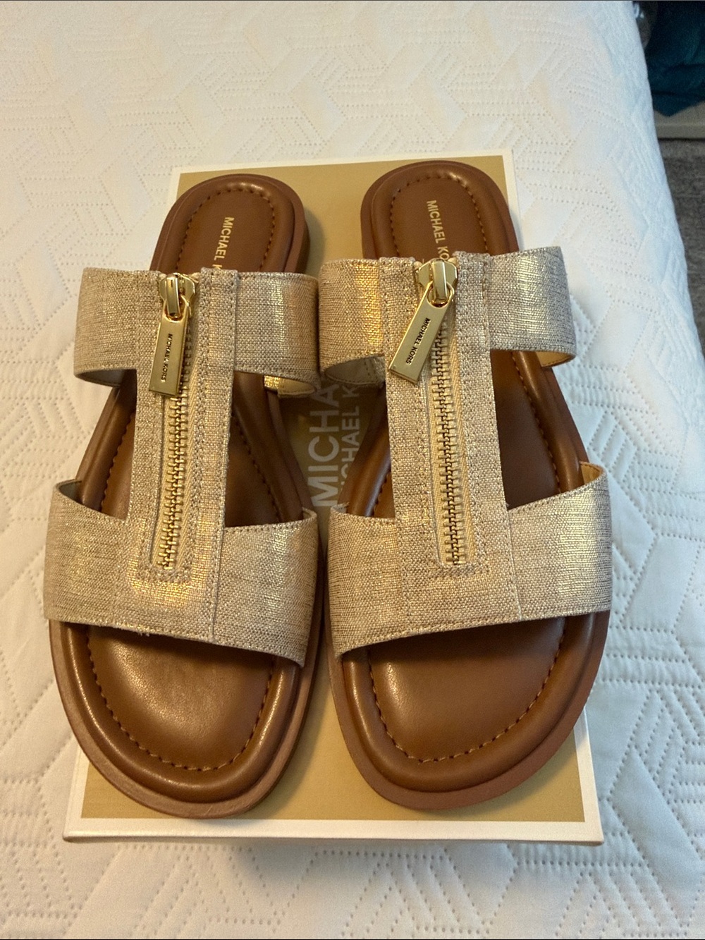 Michael Kors Pale Gold Metallic Zip-Front Slide Sandals